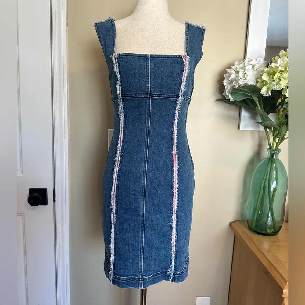 Urban Outfitters Medium Wash Denim Mini Dress with Pink and White Frayed Detail - Picture 2 of 9